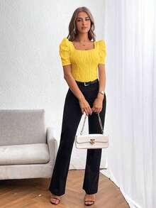 Privé Camiseta De Cuello Cuadrado Y Manga Corta Ajustada Con Textura - Amarillo - Ver 5