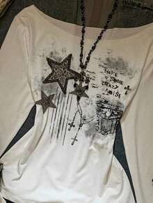 Camiseta de manga larga con volantes asimétricos en el hombro y estampado de estrella retro y graffiti en estilo casual y callejero para mujer, suéter sexy de hombros descubiertos adecuado para otoño/invierno, vuelta al colegio, estilo retro, - Multicolor 4 - Ver 4