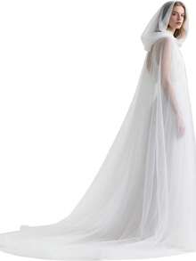 1PCWomen's Sheer Hooded Cloak With Long Train, Elf Cloak With Hood, Suitable For Wedding, Costume Play, Black, White - Multicolor - View 9