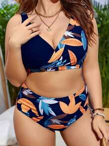 Conjunto de bikini con estampado tropical para la playa de verano en tallas grandes - Azul marino - Ver 1