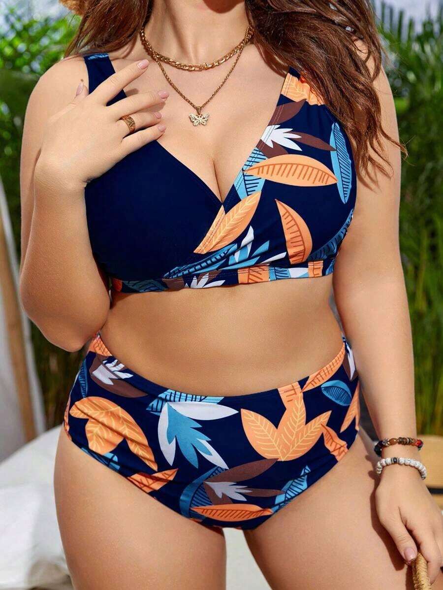 Conjunto de bikini con estampado tropical para la playa de verano en tallas grandes - Azul marino - Ver 1