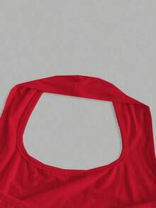 Camiseta de tirantes de ajuste ceñido con cuello halter, color liso y corta, de estilo minimalista y casual para mujer, de verano - Rojo - Ver 4