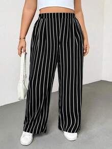 Pantalones anchos de pierna ancha a rayas blancas y negras con cintura elástica, cómodos y sueltos, de estilo básico diario, para mujeres de talla grande, estilo "Old Money", para mujeres, para la oficina, pantalones holgados, para el verano, - Blanco y Negro - Ver 2