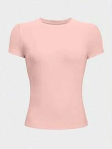 Camiseta casual de manga corta y cuello redondo ajustada para mujer, color café - Rosa Pálido - Ver 3