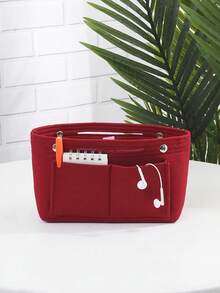 1 pieza Bolsa de maquillaje de fieltro con múltiples compartimentos y gran capacidad, puede almacenar cosméticos, llaves, teléfonos, lápices labiales, accesorio de viaje portátil y de moda - Multicolor - Ver 17
