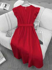 Vestido de mujer de longitud media, cómodo y suave, sin estiramiento, con cuello redondo, mangas de vuelo, cintura elástica, decoración de botones de perla, estilo francés elegante y versátil para vacaciones y viajes, color albaricoque, primavera - Rojo - Ver 2