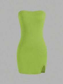 Vestido de tubo de color liso con abertura alta para ropa de Año Nuevo, minivestido corto para mujer - Verde - Ver 6