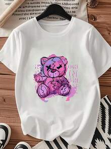 1 Women's Blouse, Beautiful Blouses For Women, Women's Clothing Sets, Ripped Bear 180G, Black And White Bear Grunge Print, High Quality Print, Round Neck, Basic Loose Fit, Breathable, Versatile, Machine Washable, Comfortable, Size S ~ 3XL, Ideal For Casual Daily Wear, Sports, Summer Essential. - 白色 - 查看 3