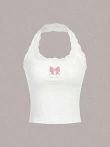 Top blanco ajustado de algodón con estampado de lazo de verano, encaje de color contrastante y espalda descubierta - Blanco 2 - Ver 8