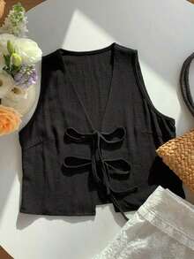 2026 Nuevo Top sin mangas con cuello en V, lazo delantero y bordado floral para mujer, ideal para vacaciones en la playa, uso casual, estilo Y2K de los 2000, primavera, graduación, fiesta de boda, vacaciones elegantes, San Valentín, carnaval, - Negro 2 - Ver 4