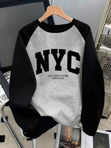 Camiseta de manga larga con cuello redondo, estampado de letras y contraste de color para mujer - Gris Claro - Ver 7