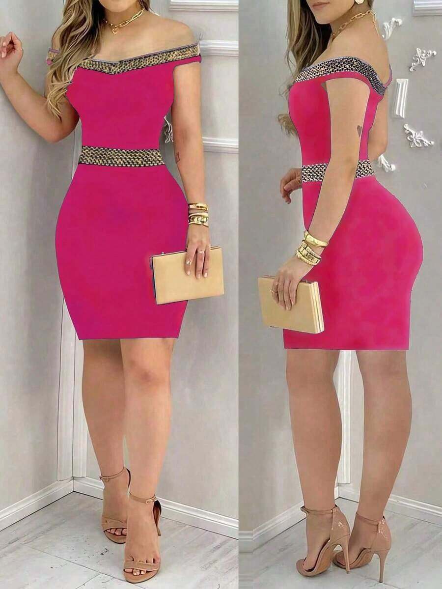 Vestido negro elegante y ceñido para mujer - Halter sin mangas con tela de lentejuelas en la espalda, perfecto para actividades de verano, mezcla de poliéster lavable a máquina, vestido ajustado, adecuado para citas nocturnas diarias, fiestas, fiestas de solteros - Rosa Fucsia - Ver 1