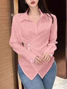 Blusa larga de manga larga con nudo de mujer, color liso, camisa de mujer para primavera y otoño, blusas de manga larga - Rosa vieja - Ver 5