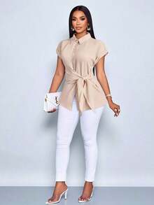 Camisa con botones y estampado de rayas para mujer, blusa casual y elegante con lazo delantero con estampado de rayas - Albaricoque - Ver 6