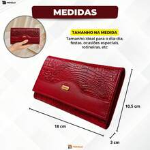Carteira Couro Legítimo Feminina Grande Zíper Elegante Porta Cartões Presente Luxo MONOLO - Vermelho - Visão 11