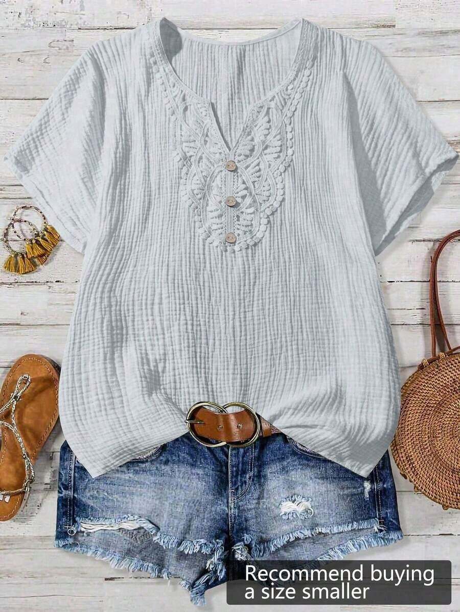 Mono informal con cuello en V y estampado floral para mujer talla grande - Gris - Ver 1