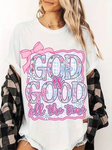 Camiseta casual de manga corta para mujer, ideal para vacaciones de verano, con el mensaje "Dios es bueno en todos los momentos", en color gris claro, con lazos rosados y patrón de cuadros azules, tela cómoda de elasticidad media, ropa casual de manga corta con cuello redondo para la iglesia, cuello en V inspirador, un imprescindible para amantes de la moda, ropa de vacaciones. - Blanco - Ver 7