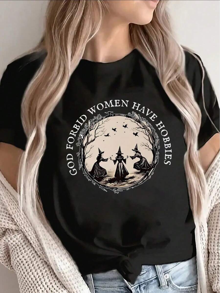 "God Forbid Women Have Hobbies" Short-Sleeved T-Shirt With Witch Design, Lightweight And Durable, Perfect For Casual Wear At Home Or In A Cafe, Comfortable Fit For Everyday Wear, For Halloween - 黑色 - 查看 1