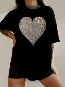 New 2026 Camiseta con estampado de corazón para mujer, nueva, de otoño e invierno, para uso diario, para salir a casa, para el escenario, para festivales y citas - Negro - Ver 1