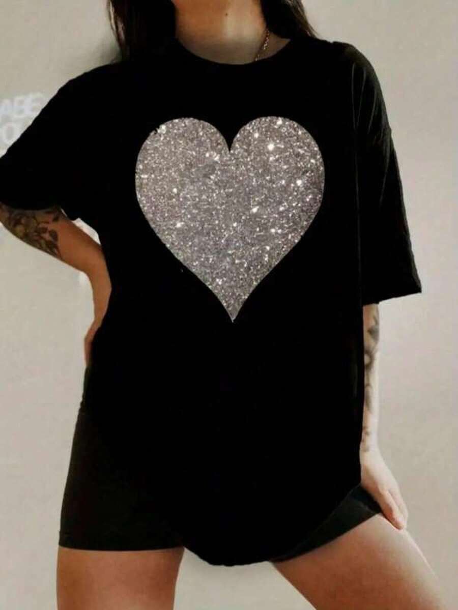New 2026 Camiseta con estampado de corazón para mujer, nueva, de otoño e invierno, para uso diario, para salir a casa, para el escenario, para festivales y citas - Negro - Ver 1