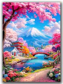 日本雪景樱花春日风景DIY钻石画套装 - 钻石艺术马赛克工艺品，温馨治愈系设计，沉浸式手工减压，家居装饰艺术DIY工艺爱好者的节日惊喜礼物 - 圓鑽 - 查看 1