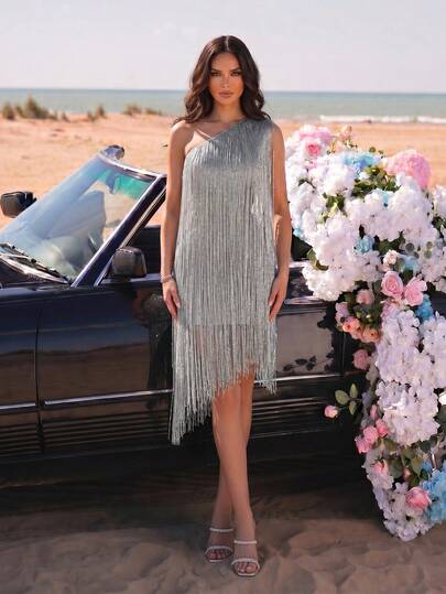 New Fashion Heavy Industry Tassel Asymmetric Sleeveless Mini Dress, Elegant Women's Formal Banquet Wedding Guest Party Dress