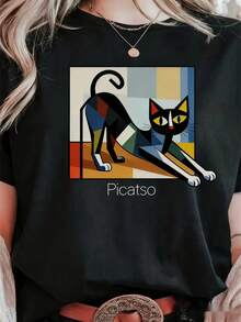 | Exquisite Design | Loose And Comfortable | Easy To Match | 1 Piece Of Women's Winter Clothing, Colorful Geometric Cat Print, Round Neck, Short Sleeves, Fashionable Casual Top, Elegant Party Wear, Everyday Wear, Christmas, For Cat Lovers, Holiday Outfit, Autumn Clothing, Christmas Gift. - 黑色 - 查看 7