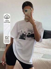 Camiseta Holgada de Manga Corta con Cuello Redondo para Mujer , con Estampado de Letras, Camiseta Gráfica de Verano, Camiseta Oversize, Estilo Preppy, Transpirable y Cómoda - Blanco - Ver 6
