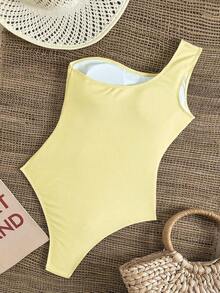 Traje de baño de una pieza elegante para vacaciones con hombros con lazo y decoración metálica hueca en la cintura, de unicolor - Amarillo - Ver 2
