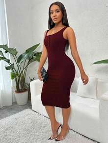 Vestido largo de verano informal de unicolor, de corte ceñido y sin mangas para mujer - Burdeos - Ver 7