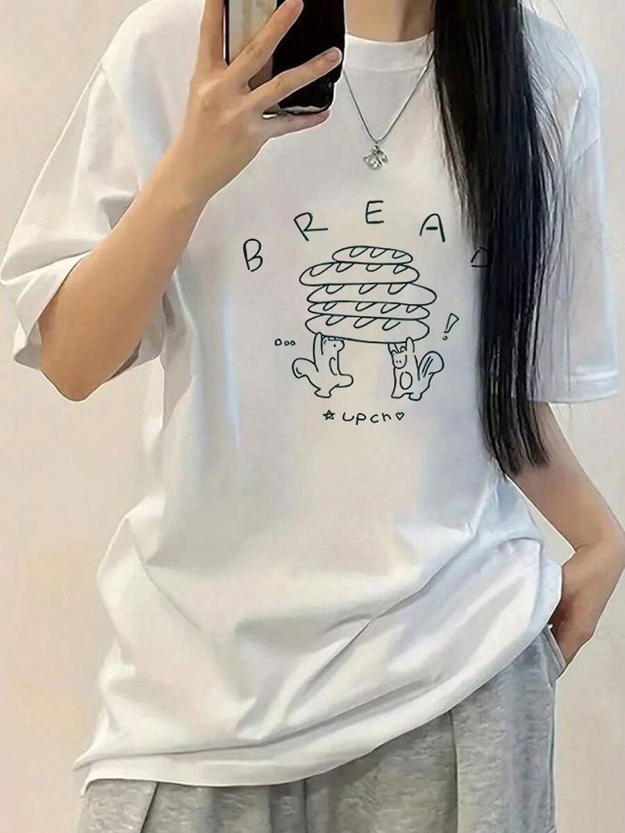 Camiseta de manga corta para mujer con estampado de pan verde estilo Y2K, nueva moda de verano, versátil, holgada, con cuello redondo, top Y2K. - Blanco - Ver 1