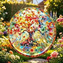 1pc Acrylic Tree Of Life Butterfly Hanging Ornament, Dreamy Forest Style, Tree Of Life + Floral Butterfly Print, Suitable For Window / Yard Hanging Decoration / Nature Theme Home Decor / Gift For Gardening Enthusiasts - A - View 1
