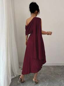 Vestido largo elegante de mujer con un hombro, de gasa, con pliegues brillantes, para primavera/verano - Burdeos - Ver 2