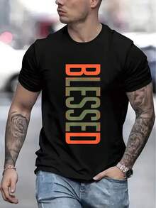 Men's "Men Blessed" Graphic Print T-Shirt, Casual Short Sleeve T-Shirt, 1 Piece, 100% Heavyweight Cotton - Comfortable Crew Neck, Soft And Adorable T-Shirts - 黑色 - 查看 5