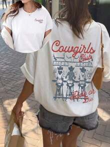 Limited Edition: Women's Casual T-Shirt With Cowgirls Club Print, Short Sleeve, Round Neck, Drop Shoulders, Regular Length, Medium Stretch Knit Fabric, Lightweight Cotton - 白色的 - 查看 9