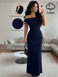 Elegant Formal Dress With Off-The-Shoulder Design And Ruched Metallic Details For Women - Pink - View 1