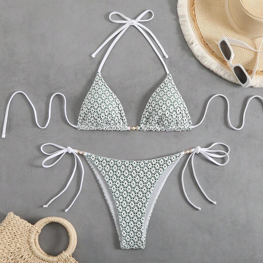Traje de baño de dos piezas, bikini sexy, bikini con cuello halter y lazo, ropa de baño para mujer. - Verde - Ver 1