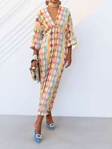 Vestido largo estampado en contraste de colores, manga corta y corte ajustado, elegante primavera 2026 - Multicolor - Ver 7