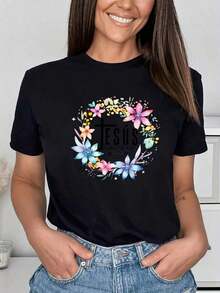 Women's & Men's One Piece, Beautiful Blouses For Women, Women's Clothing Sets, T-Shirts From Local Stores For Women And Men, John 316 Saved My Life, Watercolor Floral Design, High Quality Print, Round Neck, Basic Loose Fit, Breathable, Quick Dry, Versatile, Machine Washable, Comfortable, Daily, Casual, Sporty, Summer Essential. - 黑色 - 查看 7