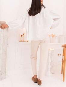 Nueva blusa elegante con diseño de volantes/volantes de tela arrugada, elegante y versátil para citas, hogar, viajes, todas las estaciones - Blanco - Ver 2
