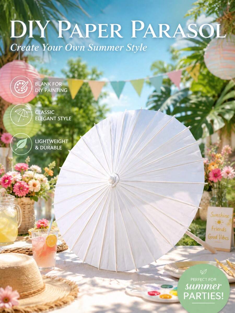 1pc Elegant White Wedding Umbrella With Hand-Painted Details And Natural Wooden Handle. Sophisticated, Fashionable And Practical, Ideal For Wedding Decor, Bridal Photography And Party Props.