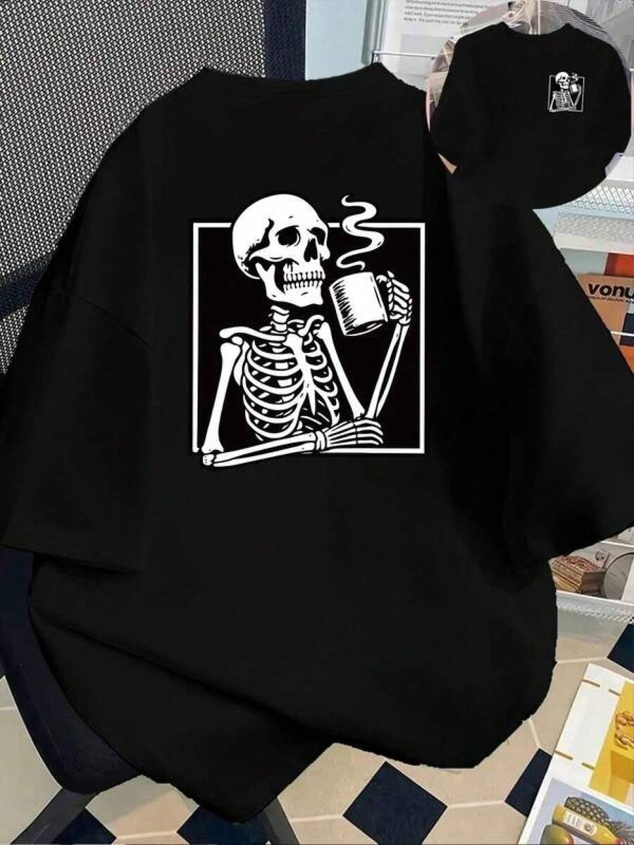 2026 Camiseta de Manga Corta Impresa de Doble Cara Creativa - Café Calavera, Café Esqueleto - Camiseta Impresa de Moda para Mujeres Primavera Verano, Artículo de Moda, Versátil Casual Envío Nacional para Mujeres, Blusas de Manga Larga para Mujeres 1pc 180g Unisex Loose Crewneck T-Shirt - Negro - Ver 1