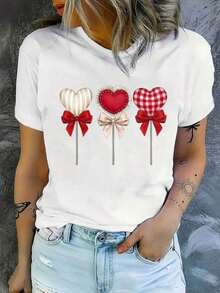1 Piece Of Graphic Print T-Shirt, Short Sleeve, Round Neck, Casual Top For Summer And Spring, Women's Clothing, 180g, 100% Cotton. - 白色 - 查看 7