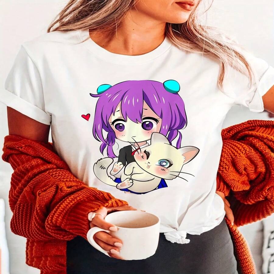 Women's Cute Anime Girl & Cat Print Short Sleeve Cotton T-Shirt, Round Neck Casual Tee with High Stretch Fabric for Everyday Wear - Blanco - Ver 1