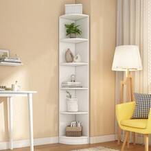 Librería esquinera, estante, estante de almacenamiento, material MDF, estante de cinco niveles, forma simple, alta capacidad de carga, blanco - Blanco - Ver 2