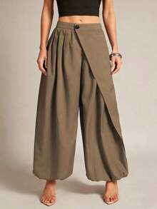 Pantalones casuales de unicolor asimétricos para mujer, pantalones de diseño suelto con cordón, longitud hasta el tobillo con botón y cremallera con pliegues - Caqui - Ver 2