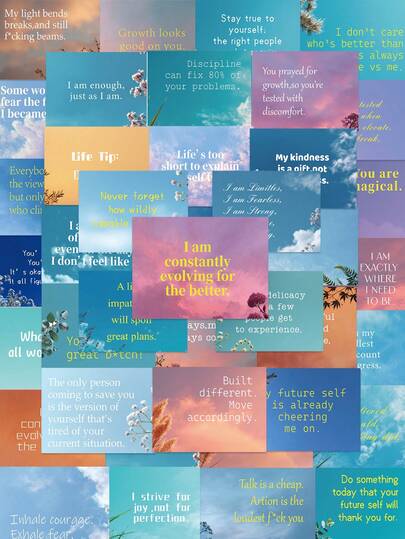 50 Stücke inspirierende Zitat-Aufkleber, ästhetische Vision Board Dekorationselemente, leicht anzubringen und abzureißen, PVC wasserfeste Aufkleber, selbstklebend, Büromaterial, Journaling Zubehör, Sammelalbum Zubehör, Aufkleber für Stoßstange, Skateboard, Wasserflaschen