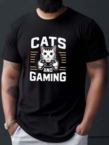 Playera de manga corta con estampado de patrón de gato de caricatura sosteniendo un controlador de videojuegos para hombres, cuello redondo casual, cómoda, versátil y ligera ropa de verano para uso diario - Negro - Ver 1