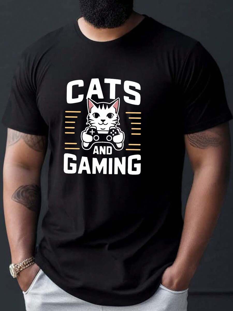 Playera de manga corta con estampado de patrón de gato de caricatura sosteniendo un controlador de videojuegos para hombres, cuello redondo casual, cómoda, versátil y ligera ropa de verano para uso diario - Negro - Ver 1