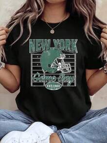 Camiseta Unisex de Manga Corta con Estampado Gráfico de Casco de Fútbol Americano de Nueva York para el Día del Partido, Ropa Casual Cómoda, Regalo Perfecto para Aficionados al Deporte - Camiseta de Verano - Negro - Ver 7